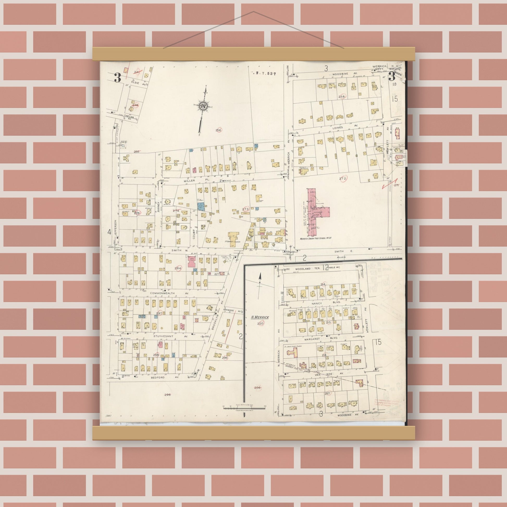 Old map wall art mockup — magnetic wood frame on brick wall — Sanborn Fire Insurance Map from Merrick, Nassau County, New York (1947), Sheet #0003