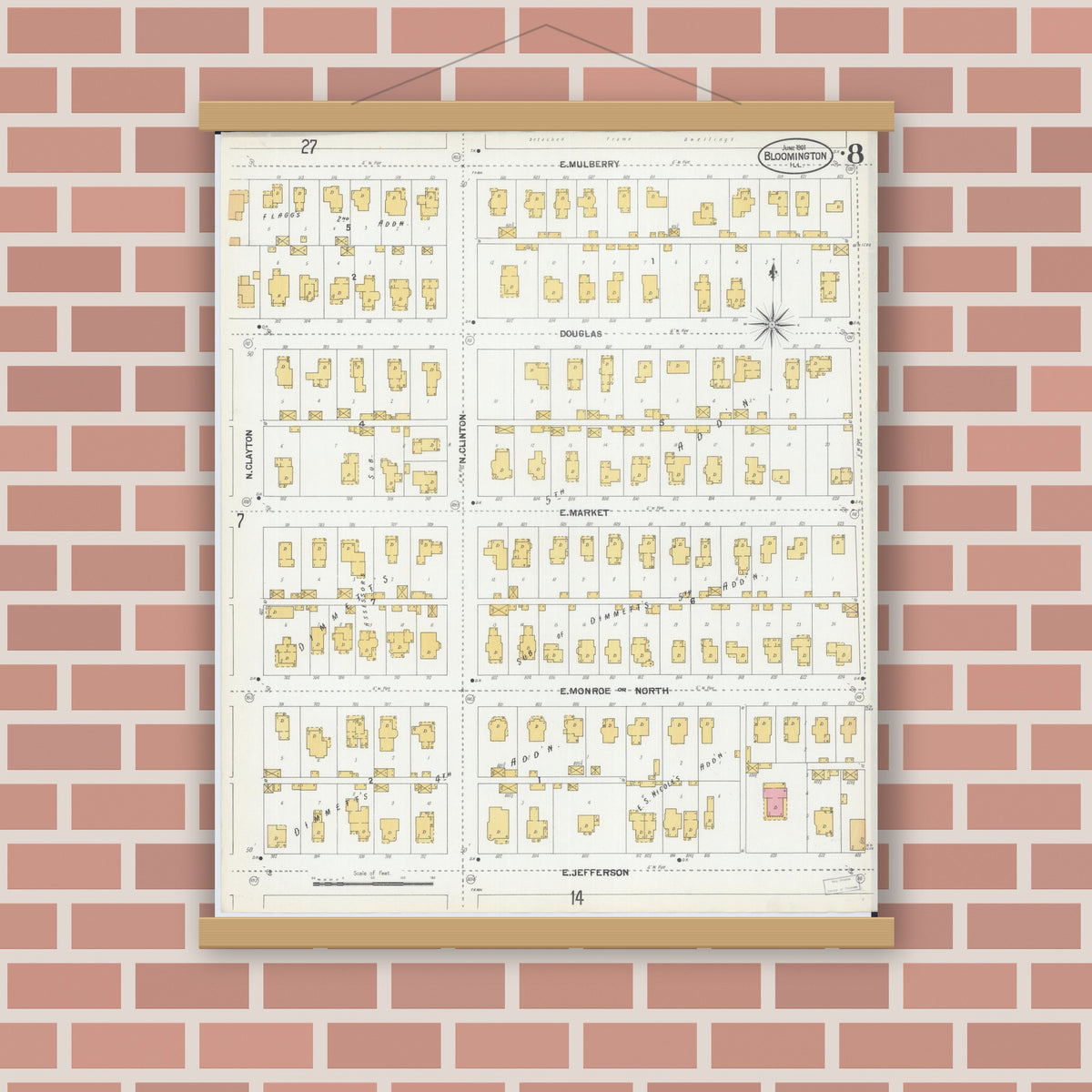 Old map wall art mockup — magnetic wood frame on brick wall — Sanborn Fire Insurance Map from Bloomington, McLean County, Illinois (1901), Sheet #0008