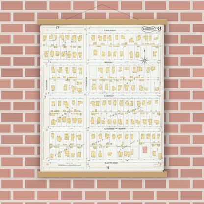 Old map wall art mockup — magnetic wood frame on brick wall — Sanborn Fire Insurance Map from Bloomington, McLean County, Illinois (1901), Sheet #0008