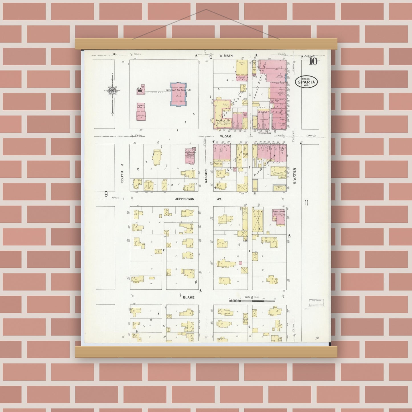 Old map wall art mockup — magnetic wood frame on brick wall — Sanborn Fire Insurance Map from Sparta, Monroe County, Wisconsin (1911), Sheet #0010