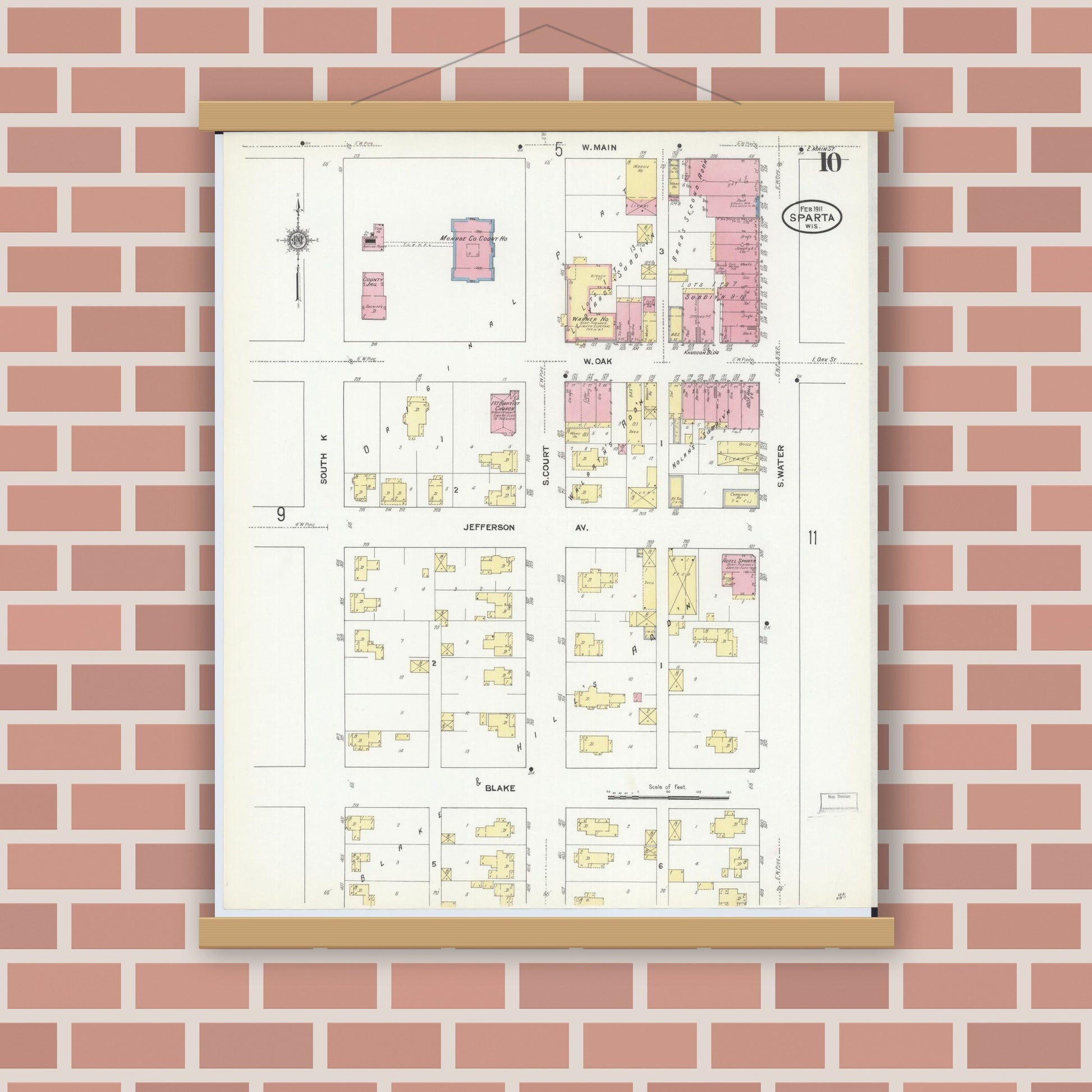 Old map wall art mockup — magnetic wood frame on brick wall — Sanborn Fire Insurance Map from Sparta, Monroe County, Wisconsin (1911), Sheet #0010