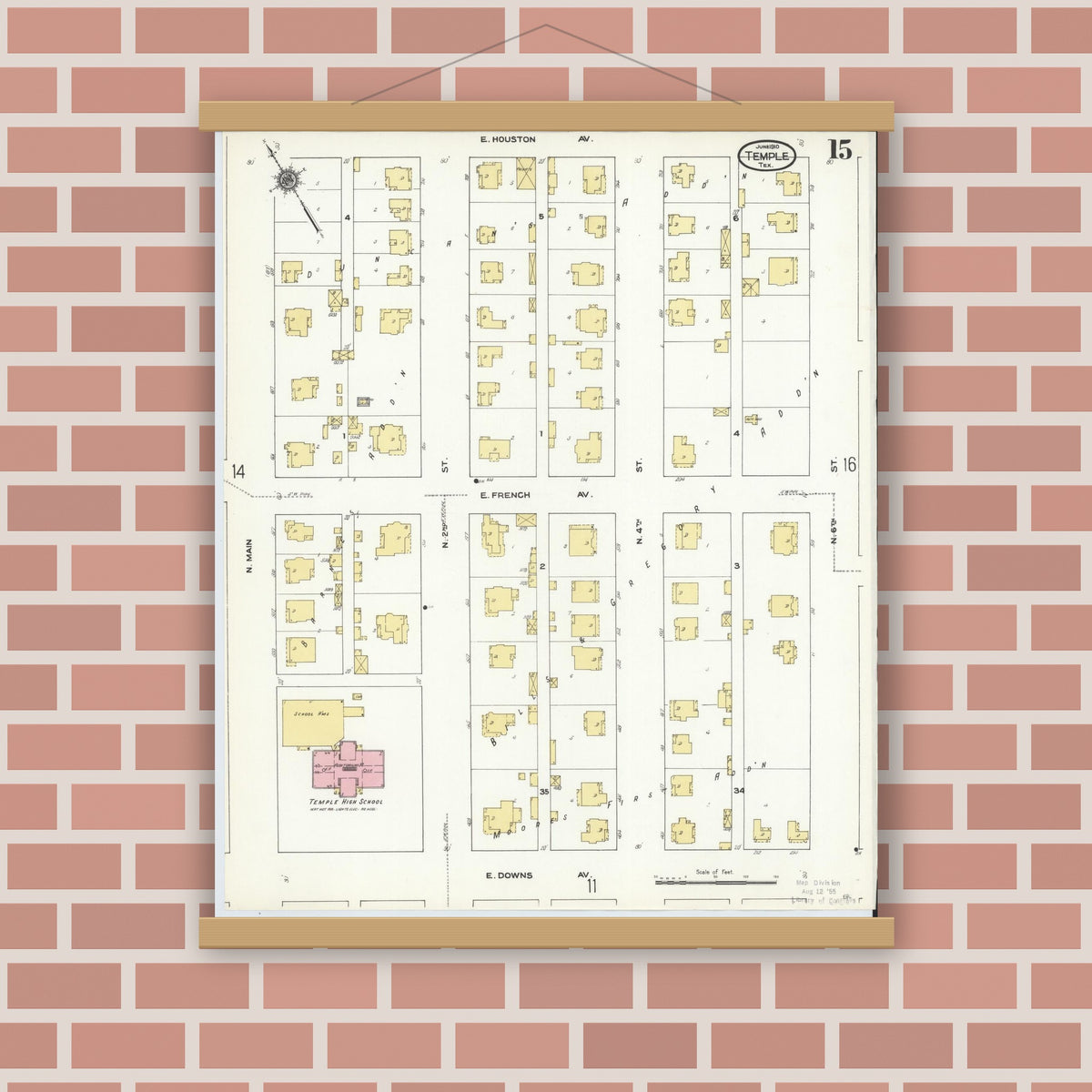 Old map wall art mockup — magnetic wood frame on brick wall — Sanborn Fire Insurance Map from Temple, Bell County, Texas (1910), Sheet #0015