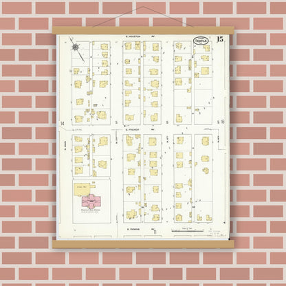 Old map wall art mockup — magnetic wood frame on brick wall — Sanborn Fire Insurance Map from Temple, Bell County, Texas (1910), Sheet #0015