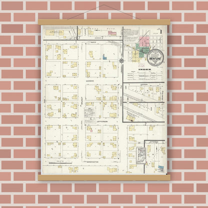 Old map wall art mockup — magnetic wood frame on brick wall — Sanborn Fire Insurance Map from Mentone, Kosciusko County, Indiana (1914), Sheet #0001
