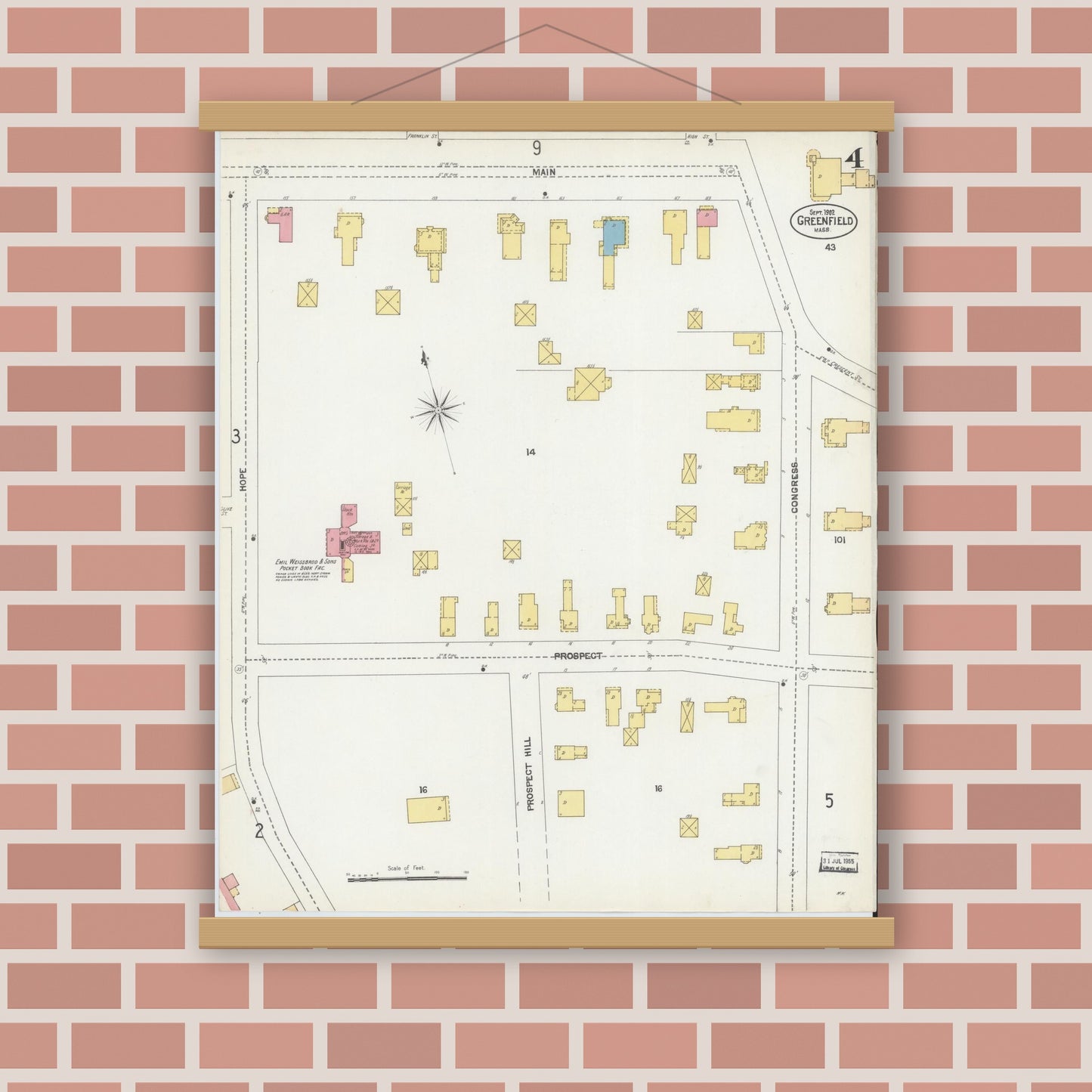 Old map wall art mockup — magnetic wood frame on brick wall — Sanborn Fire Insurance Map from Greenfield, Franklin County, Massachusetts (1902), Sheet #0004