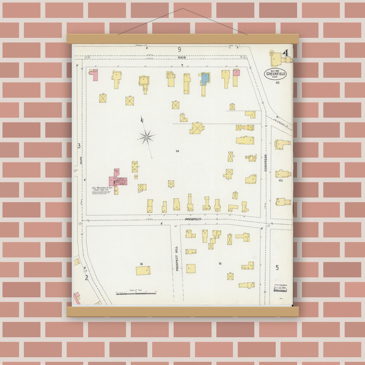 Old map wall art mockup — magnetic wood frame on brick wall — Sanborn Fire Insurance Map from Greenfield, Franklin County, Massachusetts (1902), Sheet #0004