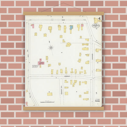Old map wall art mockup — magnetic wood frame on brick wall — Sanborn Fire Insurance Map from Greenfield, Franklin County, Massachusetts (1902), Sheet #0004