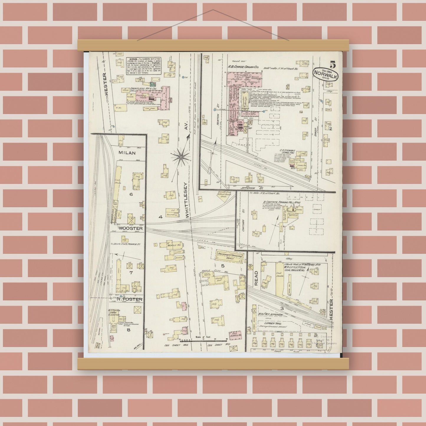 Old map wall art mockup — magnetic wood frame on brick wall — Sanborn Fire Insurance Map from Norwalk, Huron County, Ohio (1884), Sheet #0005