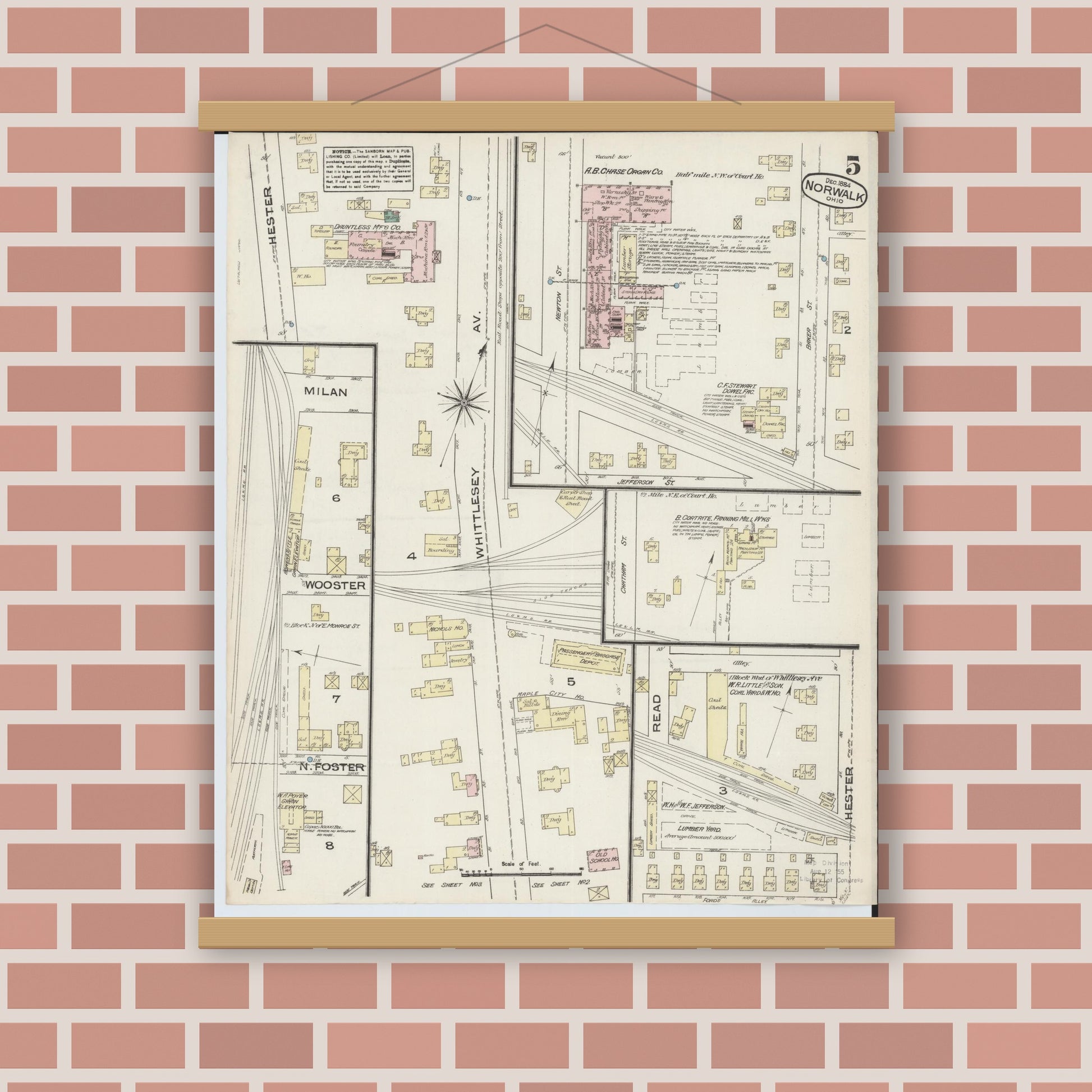Old map wall art mockup — magnetic wood frame on brick wall — Sanborn Fire Insurance Map from Norwalk, Huron County, Ohio (1884), Sheet #0005