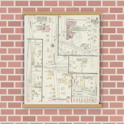 Old map wall art mockup — magnetic wood frame on brick wall — Sanborn Fire Insurance Map from Norwalk, Huron County, Ohio (1884), Sheet #0005