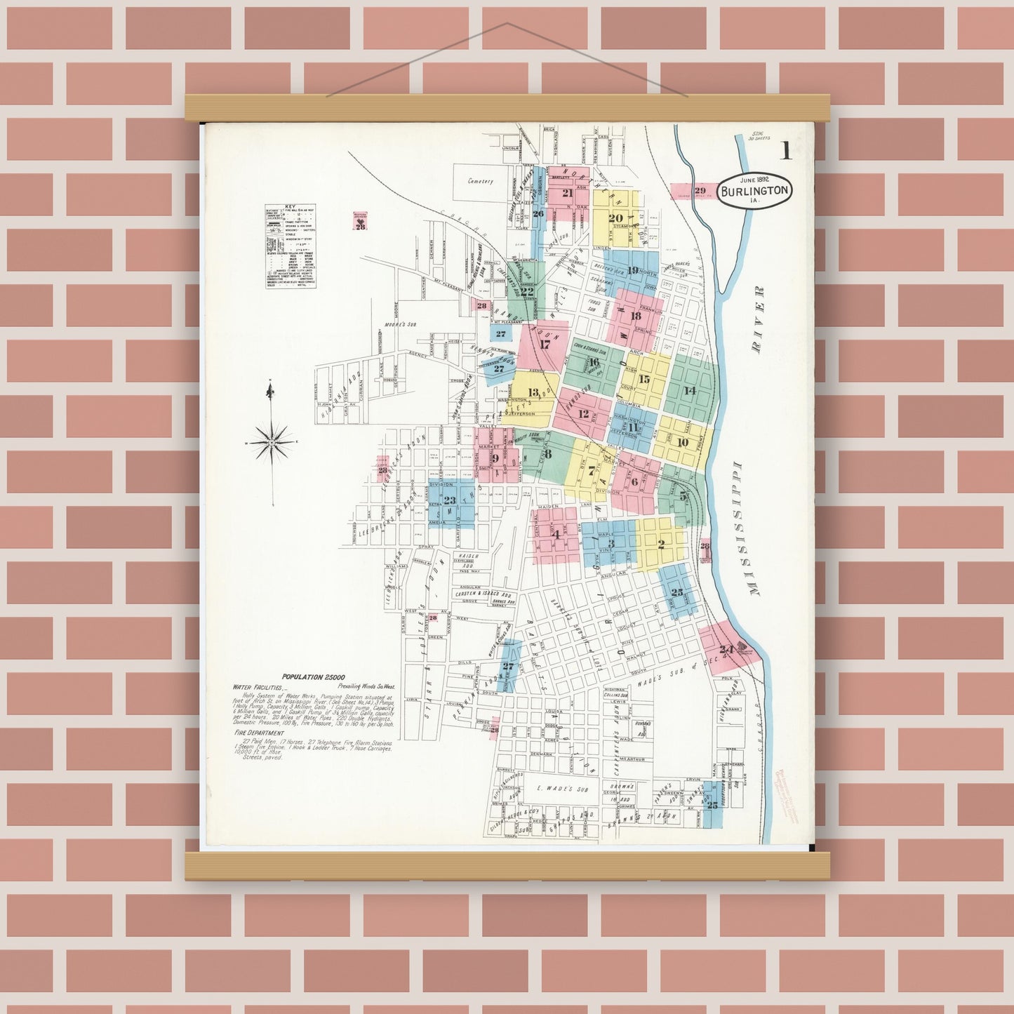 Old map wall art mockup — magnetic wood frame on brick wall — Sanborn Fire Insurance Map from Burlington, Des Moines County, Iowa (1892) â€” Complete Set
