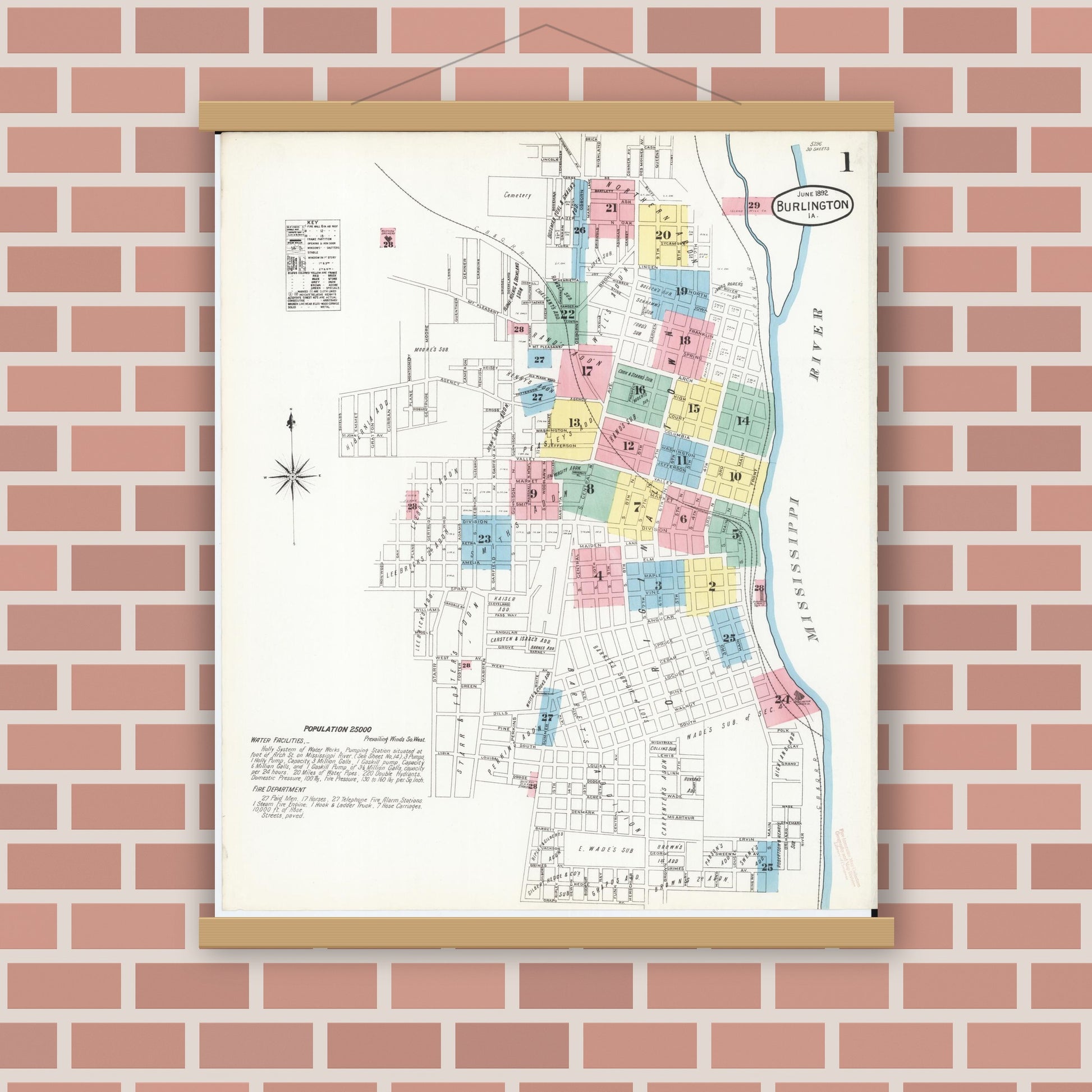 Old map wall art mockup — magnetic wood frame on brick wall — Sanborn Fire Insurance Map from Burlington, Des Moines County, Iowa (1892) â€” Complete Set