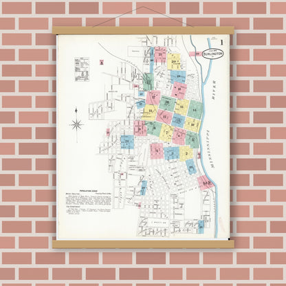 Old map wall art mockup — magnetic wood frame on brick wall — Sanborn Fire Insurance Map from Burlington, Des Moines County, Iowa (1892) â€” Complete Set