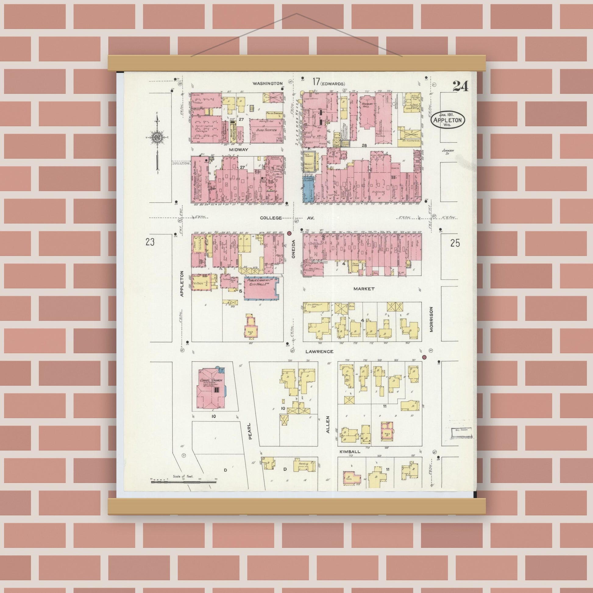 Old map wall art mockup — magnetic wood frame on brick wall — Sanborn Fire Insurance Map from Appleton, Outagamie County, Wisconsin (1911), Sheet #0024