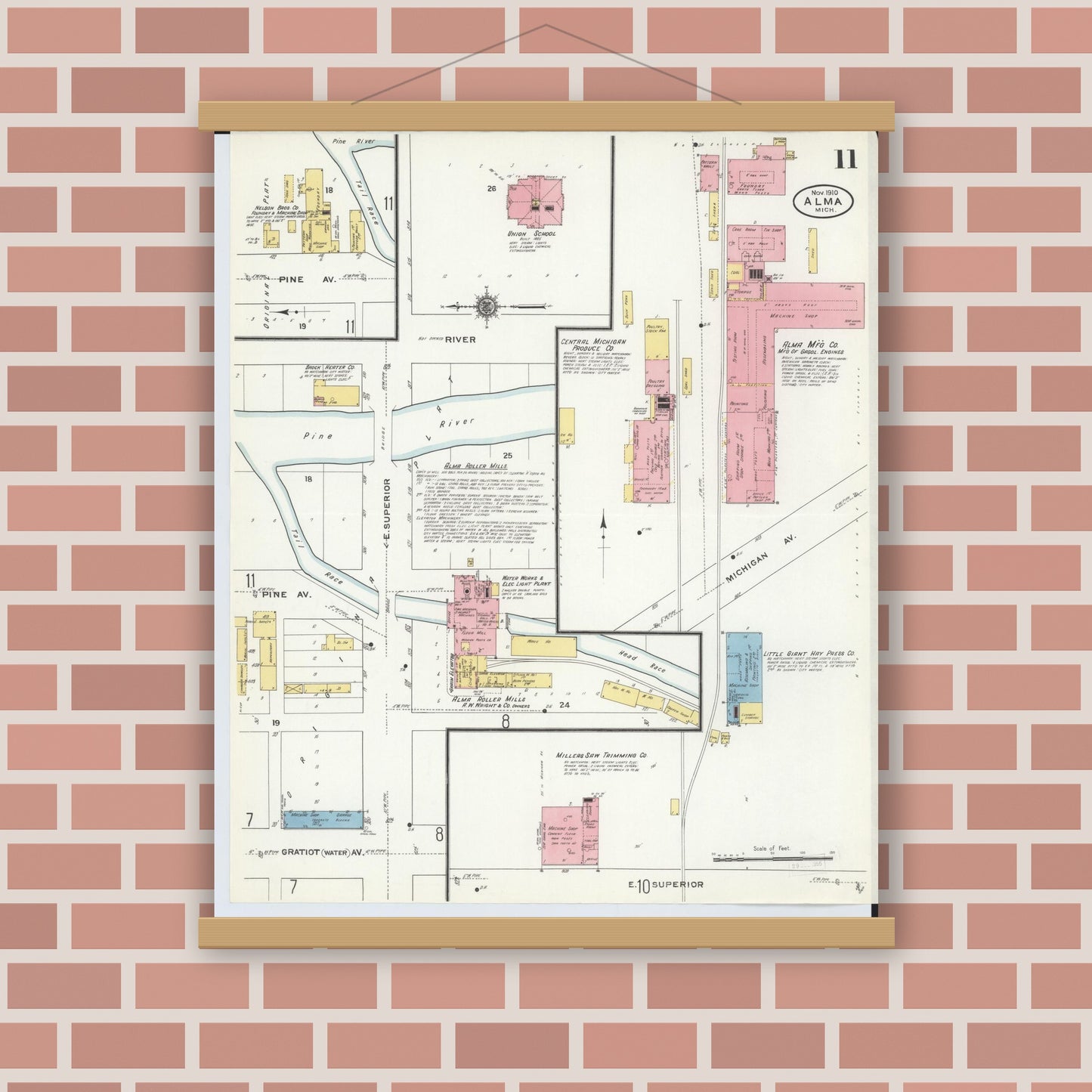 Old map wall art mockup — magnetic wood frame on brick wall — Sanborn Fire Insurance Map from Alma, Gratiot County, Michigan (1910), Sheet #0011