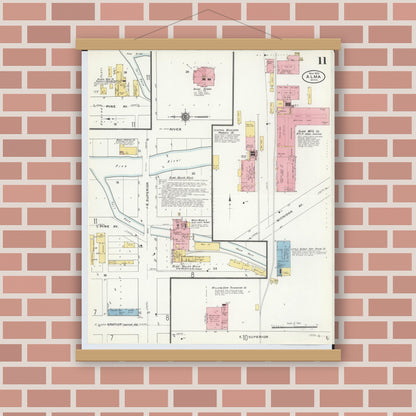 Old map wall art mockup — magnetic wood frame on brick wall — Sanborn Fire Insurance Map from Alma, Gratiot County, Michigan (1910), Sheet #0011