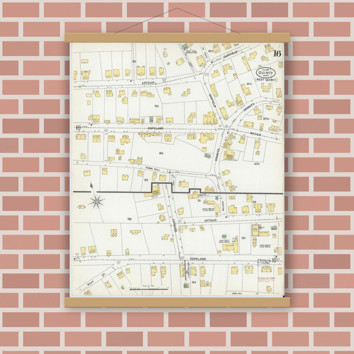 Old map wall art mockup — magnetic wood frame on brick wall — Sanborn Fire Insurance Map from Quincy, Norfolk County, Massachusetts (1901), Sheet #0016