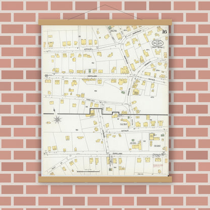 Old map wall art mockup — magnetic wood frame on brick wall — Sanborn Fire Insurance Map from Quincy, Norfolk County, Massachusetts (1901), Sheet #0016