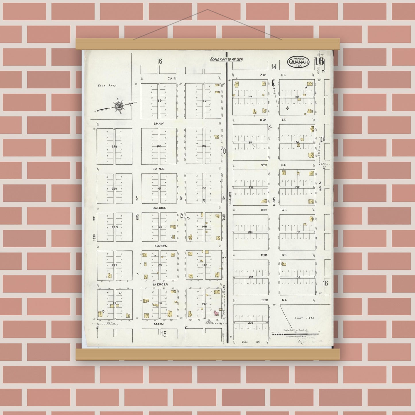 Old map wall art mockup — magnetic wood frame on brick wall — Sanborn Fire Insurance Map from Quanah, Hardeman County, Texas (1921), Sheet #0016