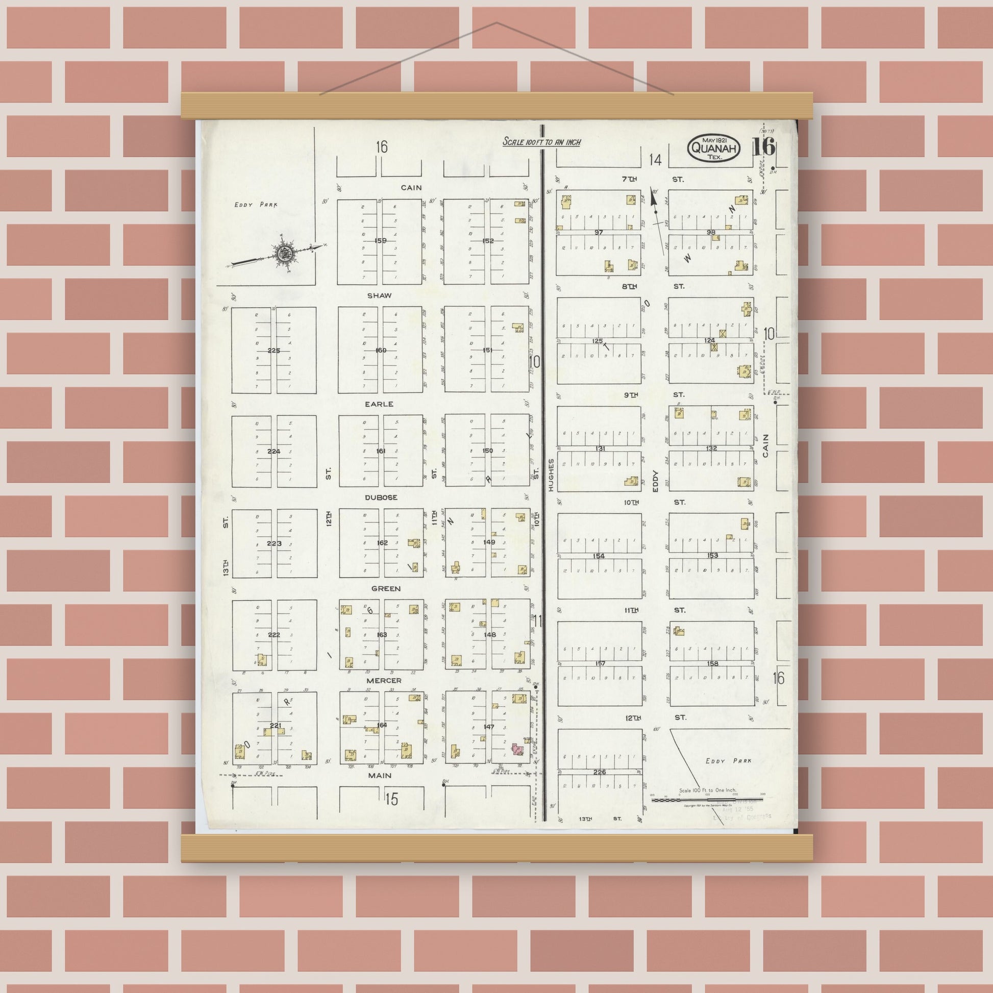 Old map wall art mockup — magnetic wood frame on brick wall — Sanborn Fire Insurance Map from Quanah, Hardeman County, Texas (1921), Sheet #0016