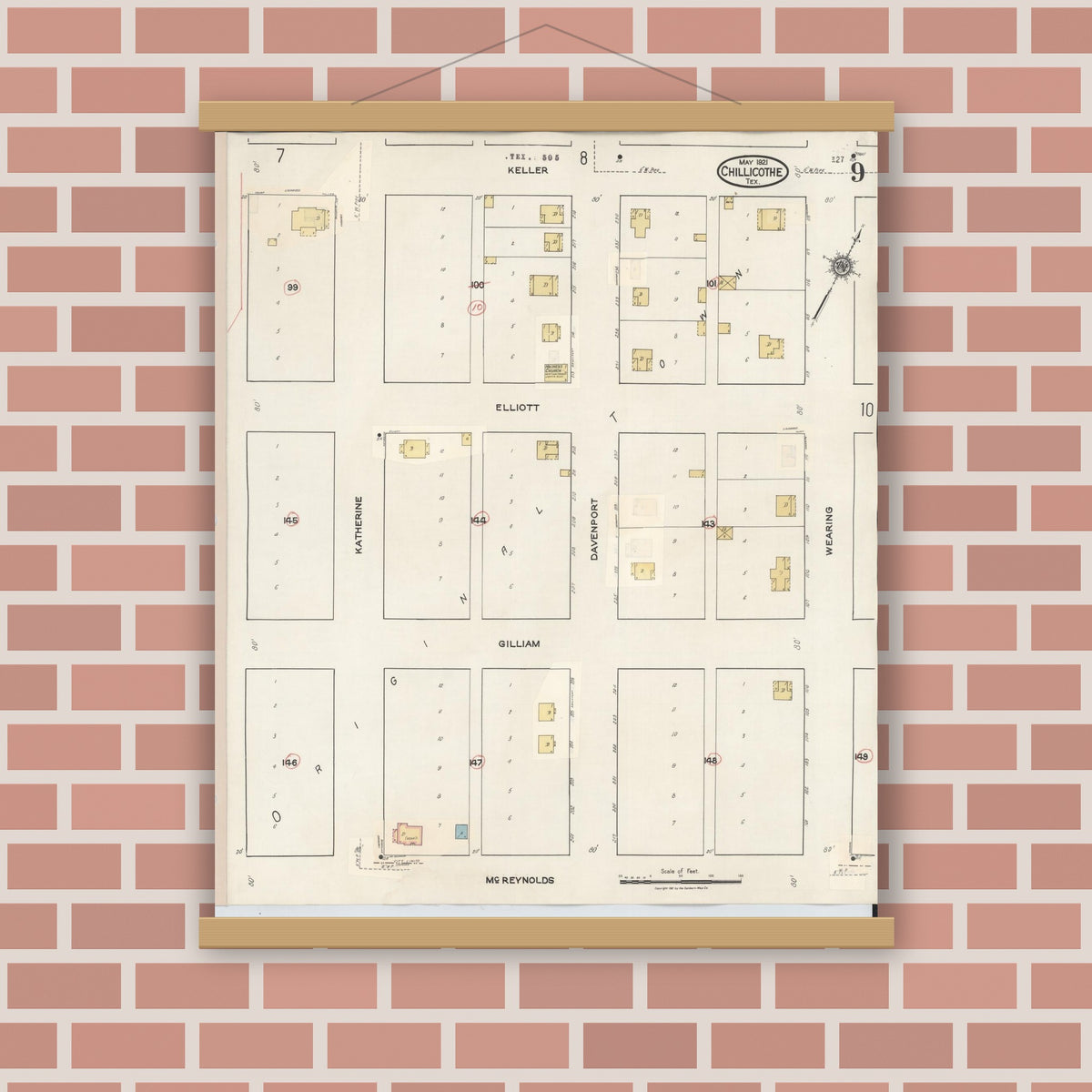 Old map wall art mockup — magnetic wood frame on brick wall — Sanborn Fire Insurance Map from Chillicothe, Hardeman County, Texas (1941), Sheet #0009