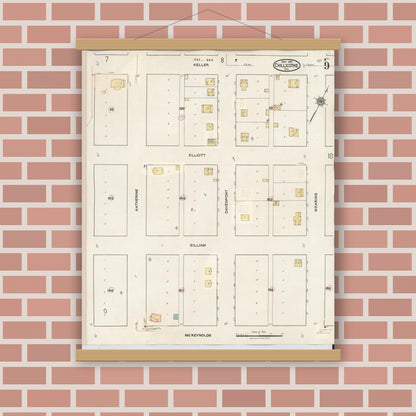 Old map wall art mockup — magnetic wood frame on brick wall — Sanborn Fire Insurance Map from Chillicothe, Hardeman County, Texas (1941), Sheet #0009