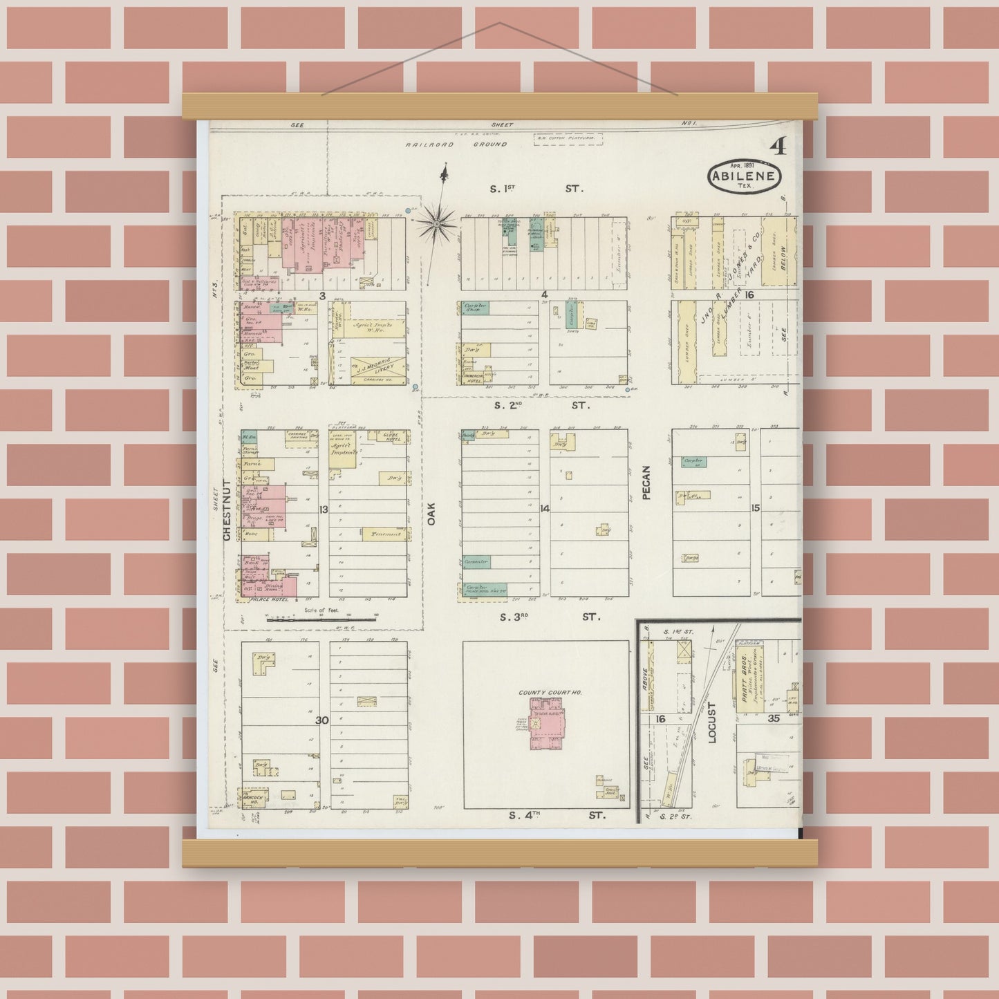 Old map wall art mockup — magnetic wood frame on brick wall — Sanborn Fire Insurance Map from Abilene, Taylor County, Texas (1891), Sheet #0004
