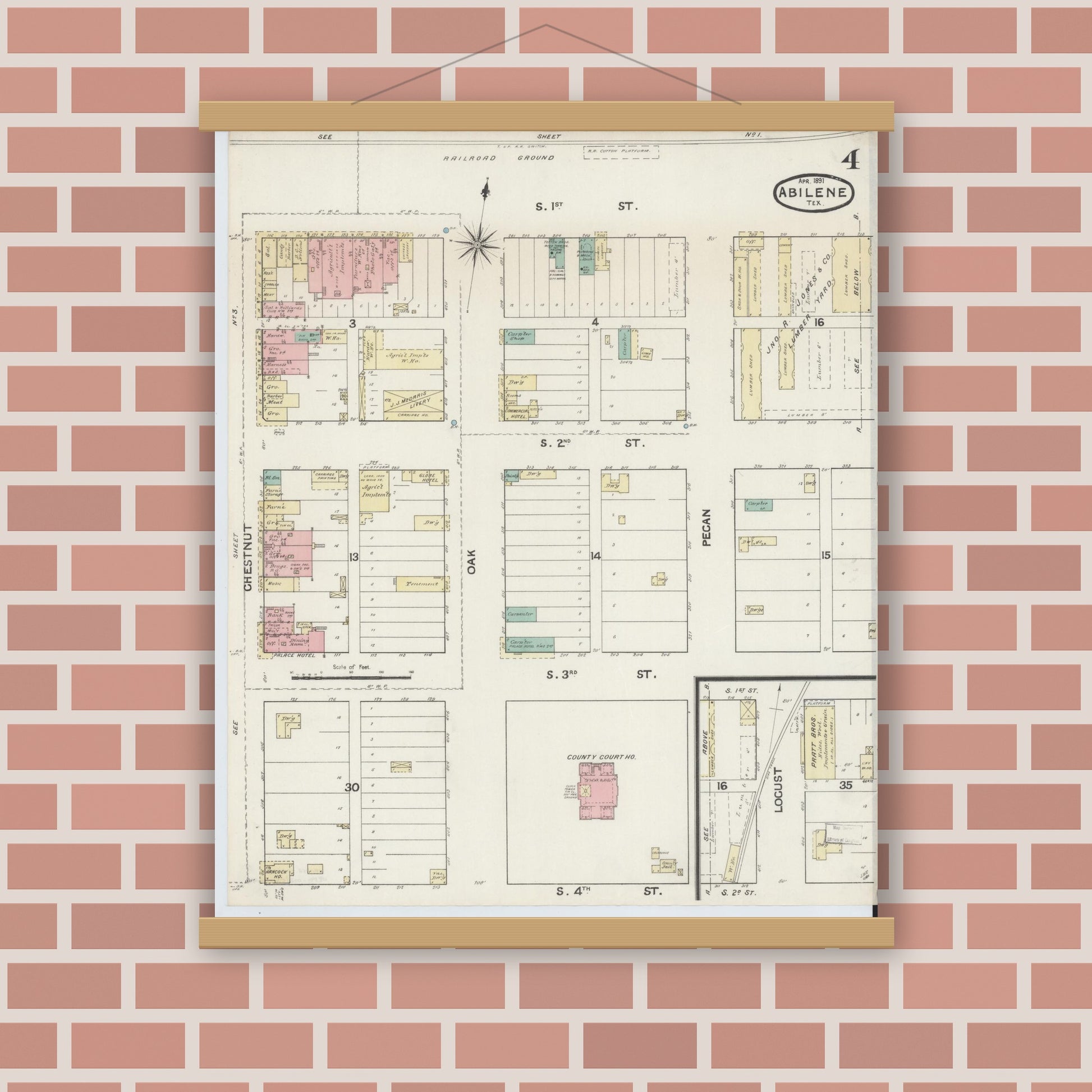 Old map wall art mockup — magnetic wood frame on brick wall — Sanborn Fire Insurance Map from Abilene, Taylor County, Texas (1891), Sheet #0004