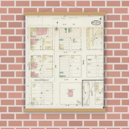 Old map wall art mockup — magnetic wood frame on brick wall — Sanborn Fire Insurance Map from Abilene, Taylor County, Texas (1891), Sheet #0004