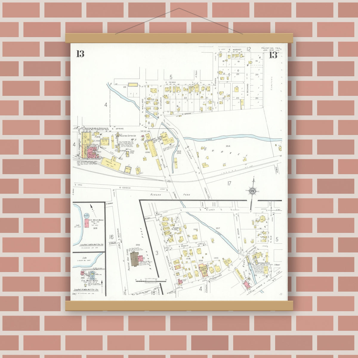 Old map wall art mockup — magnetic wood frame on brick wall — Sanborn Fire Insurance Map from Palestine, Anderson County, Texas (1935), Sheet #0013