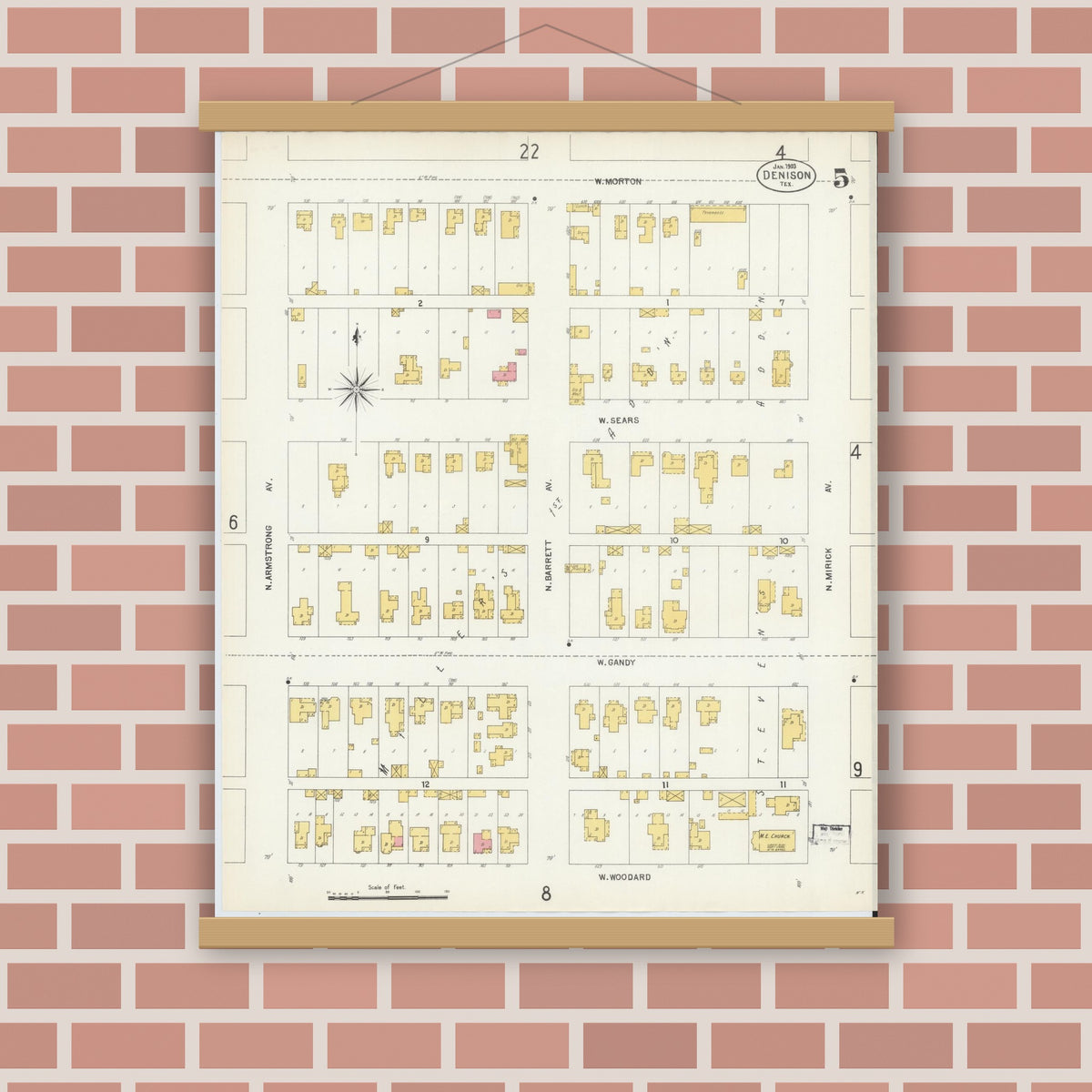 Old map wall art mockup — magnetic wood frame on brick wall — Sanborn Fire Insurance Map from Denison, Grayson County, Texas (1903), Sheet #0005