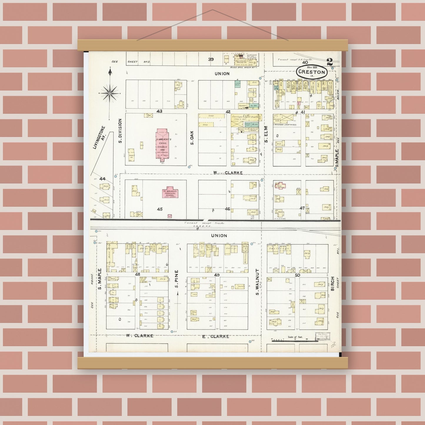 Old map wall art mockup — magnetic wood frame on brick wall — Sanborn Fire Insurance Map from Creston, Union County, Iowa (1891), Sheet #0002
