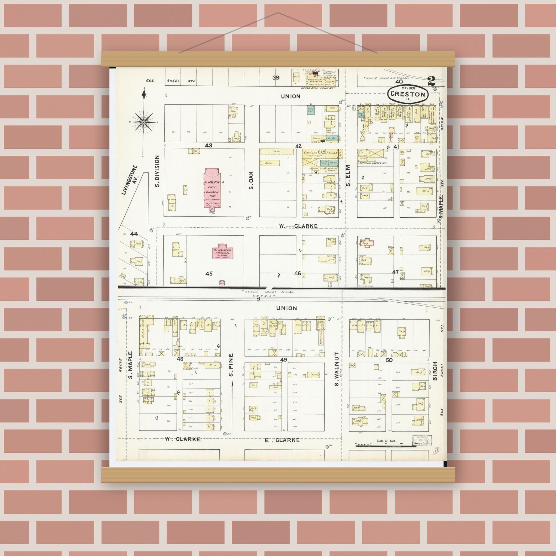 Old map wall art mockup — magnetic wood frame on brick wall — Sanborn Fire Insurance Map from Creston, Union County, Iowa (1891), Sheet #0002
