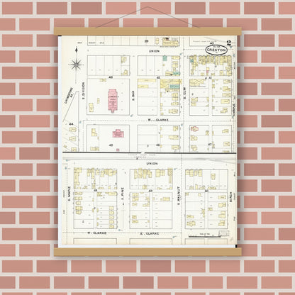 Old map wall art mockup — magnetic wood frame on brick wall — Sanborn Fire Insurance Map from Creston, Union County, Iowa (1891), Sheet #0002