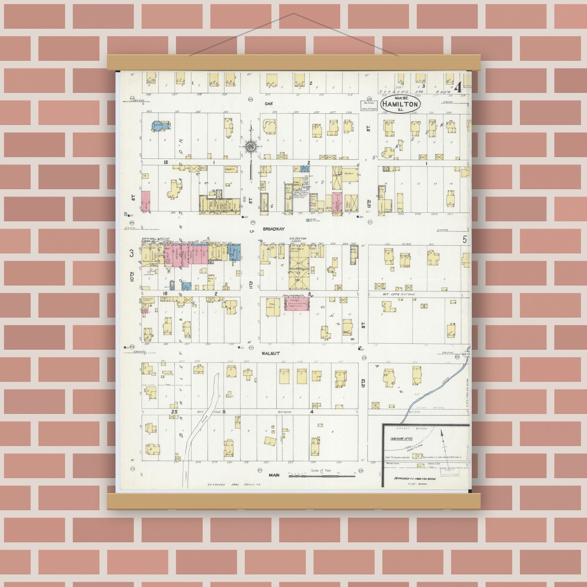 Old map wall art mockup — magnetic wood frame on brick wall — Sanborn Fire Insurance Map from Hamilton, Hancock County, Illinois (1912), Sheet #0004