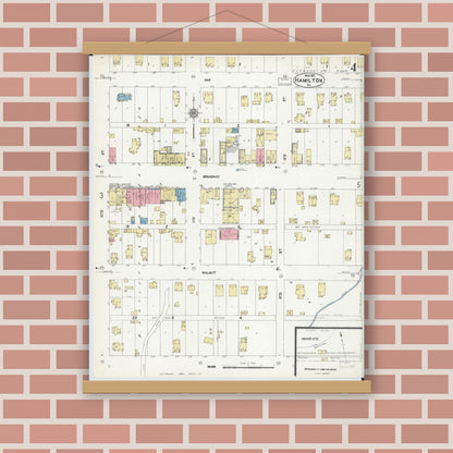 Old map wall art mockup — magnetic wood frame on brick wall — Sanborn Fire Insurance Map from Hamilton, Hancock County, Illinois (1912), Sheet #0004