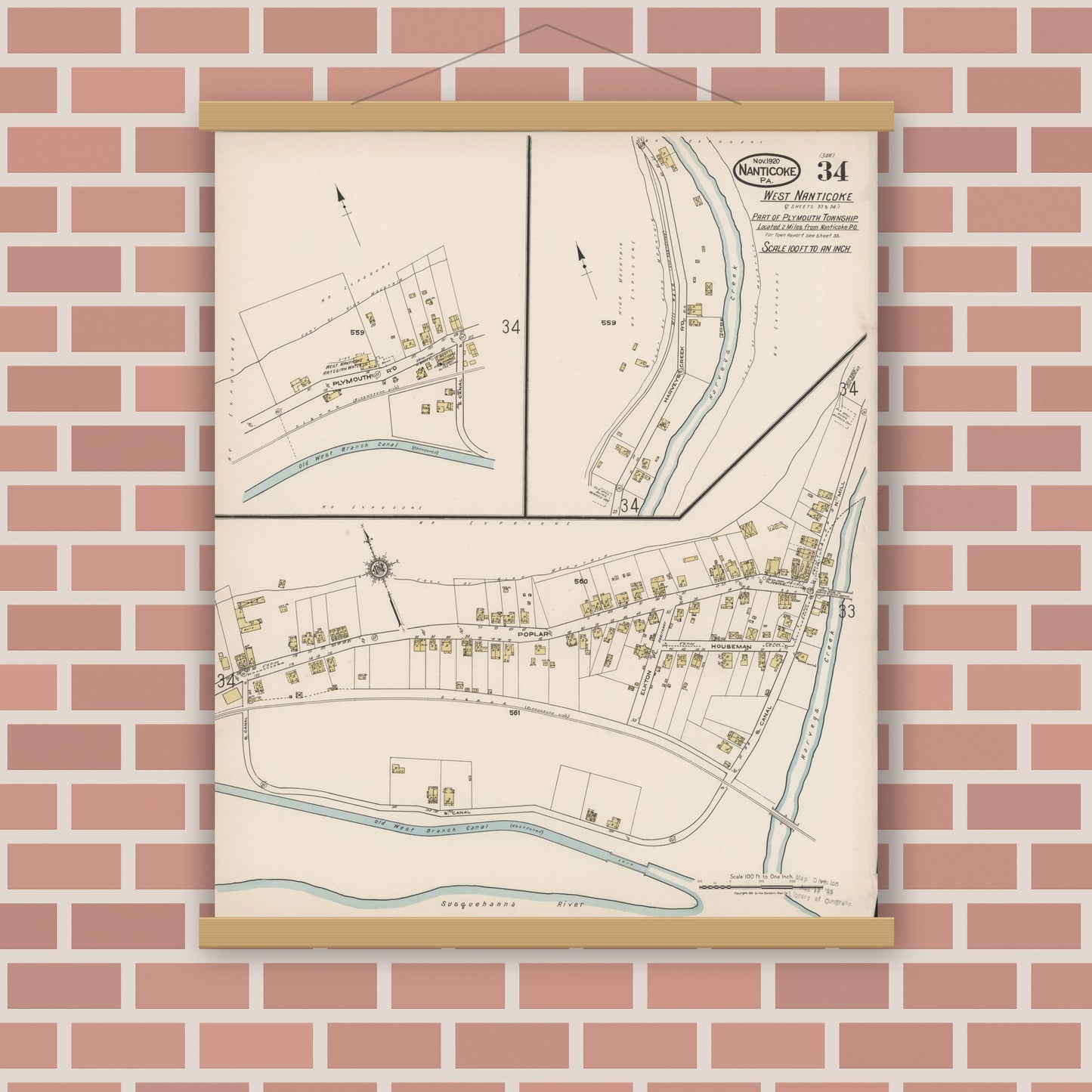 Old map wall art mockup — magnetic wood frame on brick wall — Sanborn Fire Insurance Map from Nanticoke, Luzerne County, Pennsylvania (1920), Sheet #0034