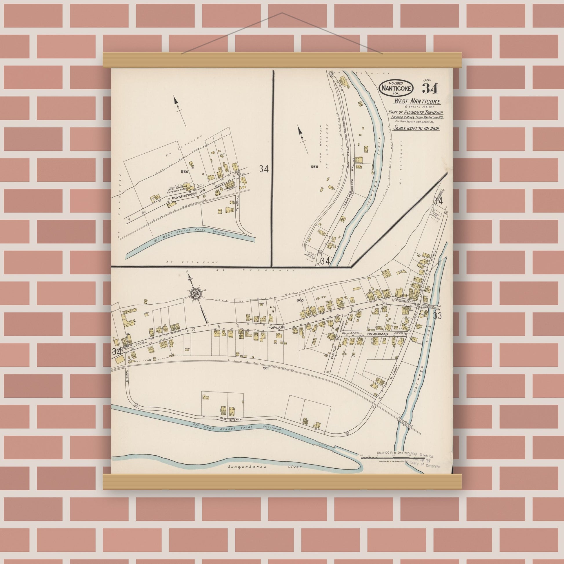 Old map wall art mockup — magnetic wood frame on brick wall — Sanborn Fire Insurance Map from Nanticoke, Luzerne County, Pennsylvania (1920), Sheet #0034