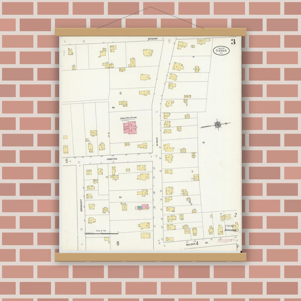 Old map wall art mockup — magnetic wood frame on brick wall — Sanborn Fire Insurance Map from Sodus, Wayne County, New York (1911), Sheet #0003