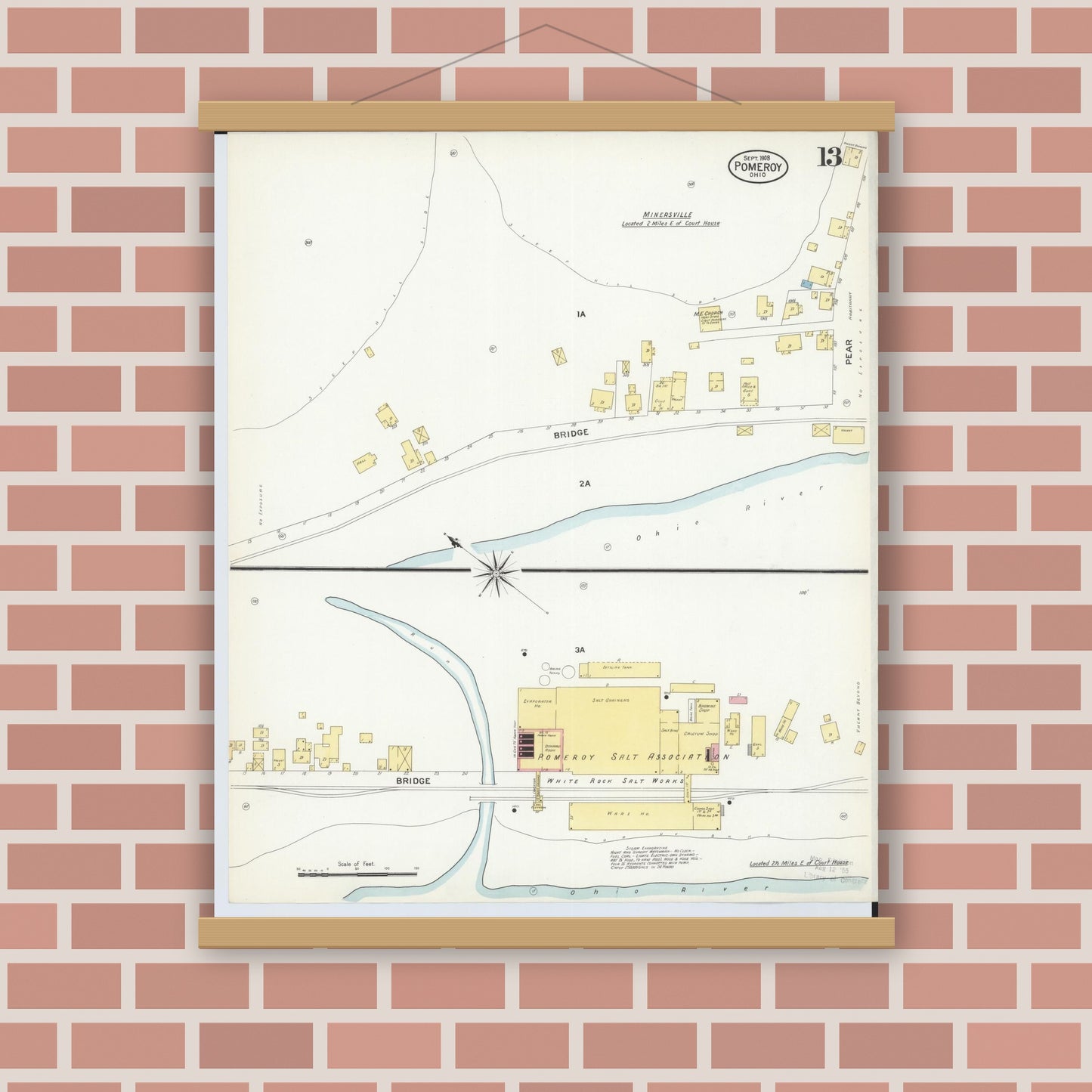 Old map wall art mockup — magnetic wood frame on brick wall — Sanborn Fire Insurance Map from Pomeroy, Meigs County, Ohio (1908), Sheet #0013
