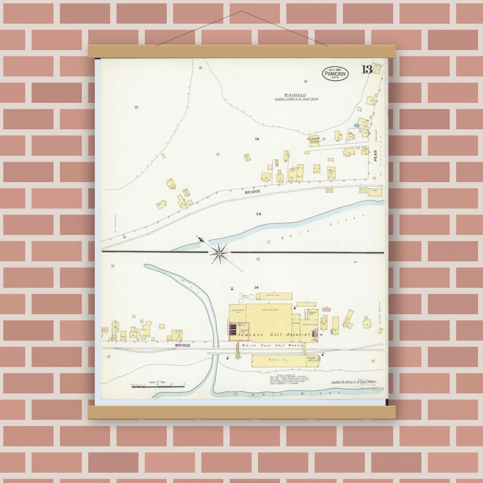 Old map wall art mockup — magnetic wood frame on brick wall — Sanborn Fire Insurance Map from Pomeroy, Meigs County, Ohio (1908), Sheet #0013
