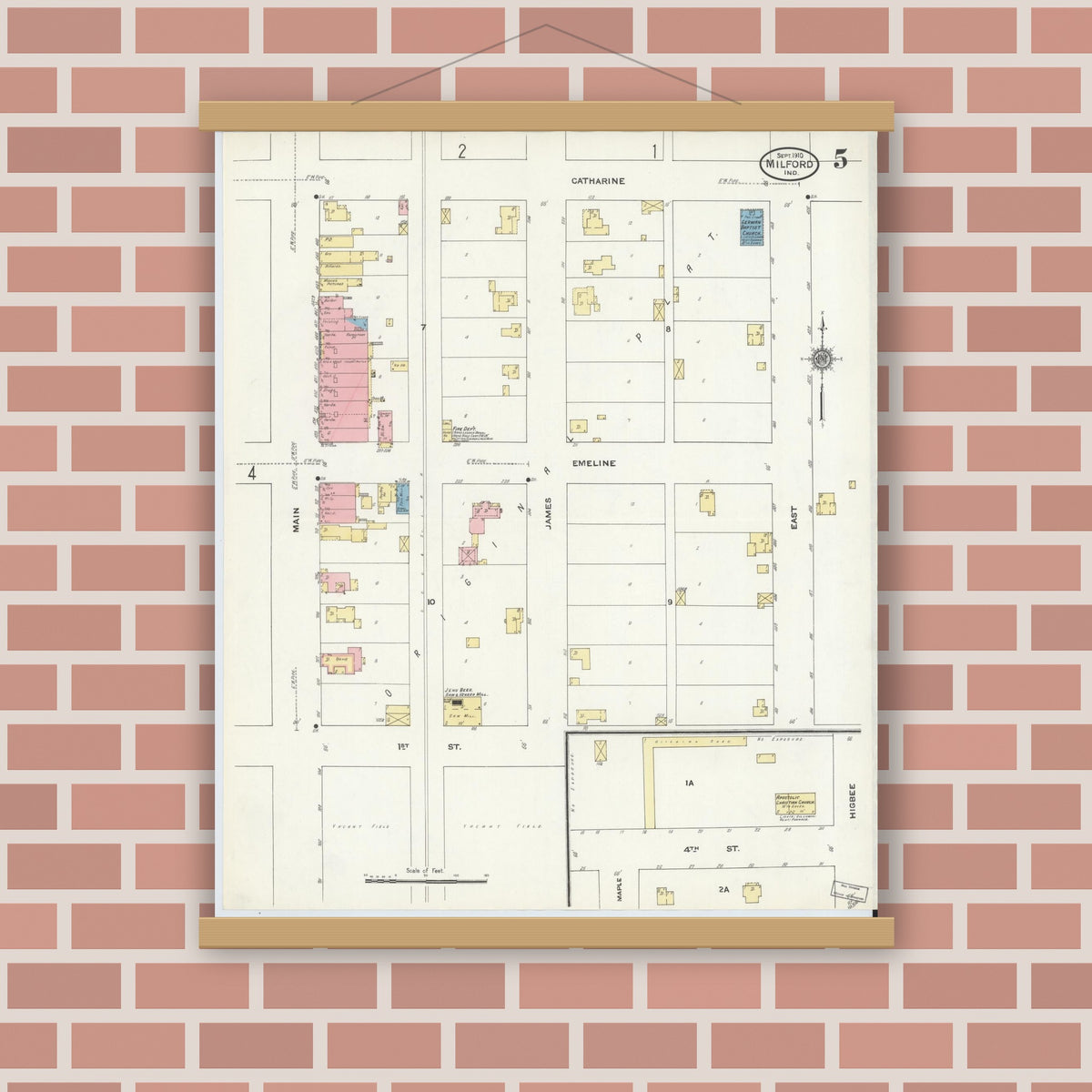 Old map wall art mockup — magnetic wood frame on brick wall — Sanborn Fire Insurance Map from Milford, Kosciusko County, Indiana (1910), Sheet #0005