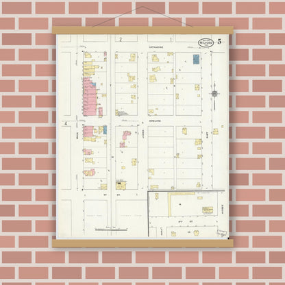 Old map wall art mockup — magnetic wood frame on brick wall — Sanborn Fire Insurance Map from Milford, Kosciusko County, Indiana (1910), Sheet #0005