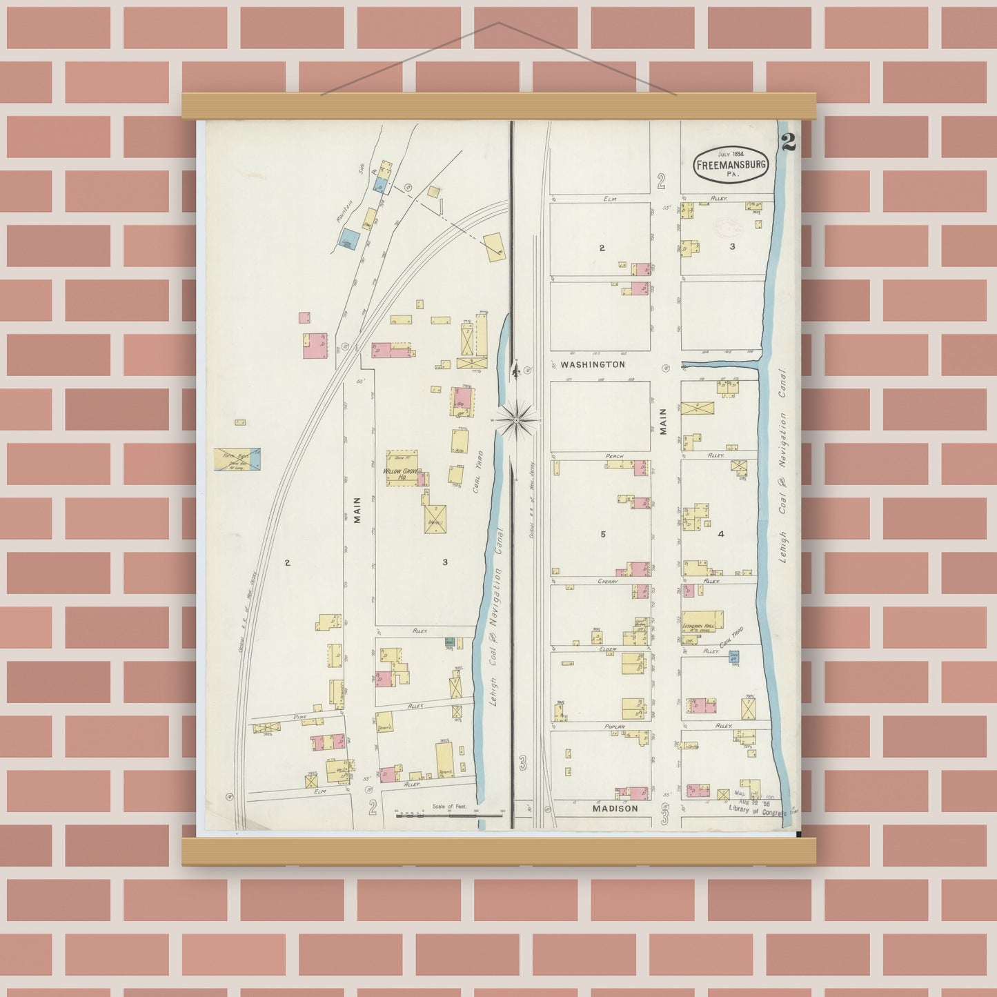 Old map wall art mockup — magnetic wood frame on brick wall — Sanborn Fire Insurance Map from Freemansburg, Northampton County, Pennsylvania (1894), Sheet #0002