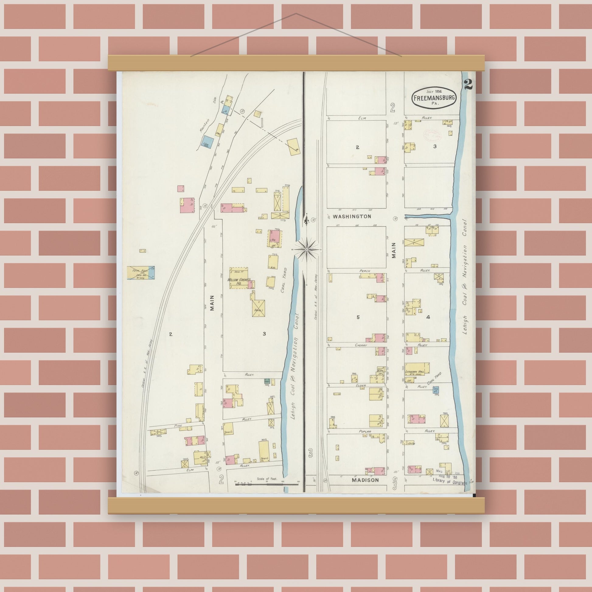Old map wall art mockup — magnetic wood frame on brick wall — Sanborn Fire Insurance Map from Freemansburg, Northampton County, Pennsylvania (1894), Sheet #0002