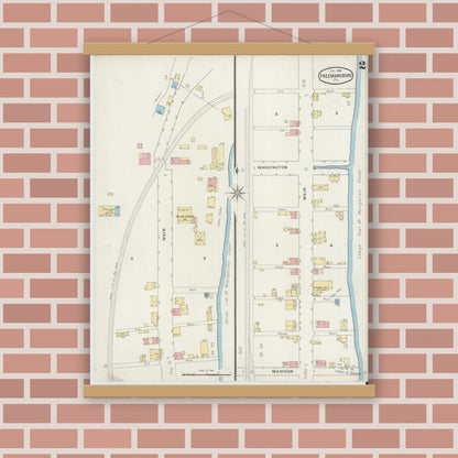 Old map wall art mockup — magnetic wood frame on brick wall — Sanborn Fire Insurance Map from Freemansburg, Northampton County, Pennsylvania (1894), Sheet #0002