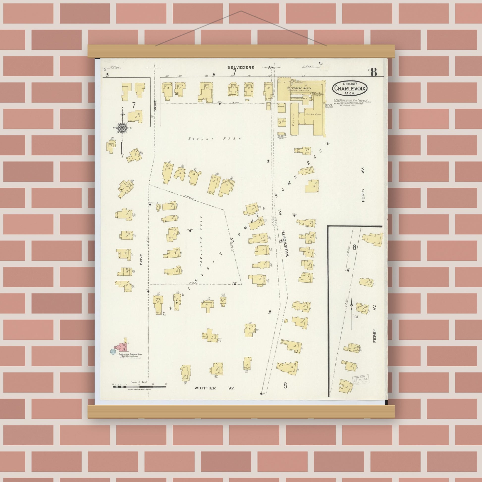 Old map wall art mockup — magnetic wood frame on brick wall — Sanborn Fire Insurance Map from Charlevoix, Charlevoix County, Michigan (1917), Sheet #0008