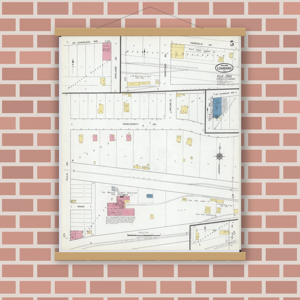 Old map wall art mockup — magnetic wood frame on brick wall — Sanborn Fire Insurance Map from Lombard, Du Page County, Illinois (1919), Sheet #0005