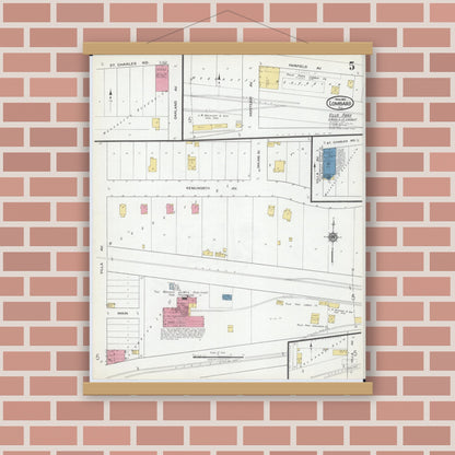 Old map wall art mockup — magnetic wood frame on brick wall — Sanborn Fire Insurance Map from Lombard, Du Page County, Illinois (1919), Sheet #0005