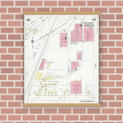 Old map wall art mockup — magnetic wood frame on brick wall — Sanborn Fire Insurance Map from Waukegan, Lake County, Illinois (1924), Sheet #0030